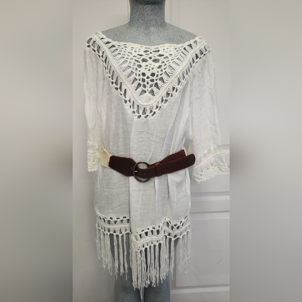 NWOT Boho Crochet Fringe Hem Cover Up Dress White large - Picture 8 of 12